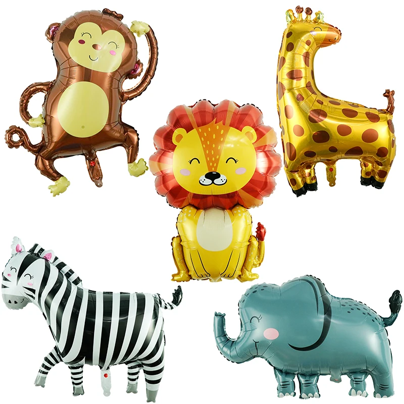 

5 Упаковок Больших Фольгированных Шаров С Рисунками Животных — Обезьяна, Лев, Зебра, Слон, Жираф, Крокодил