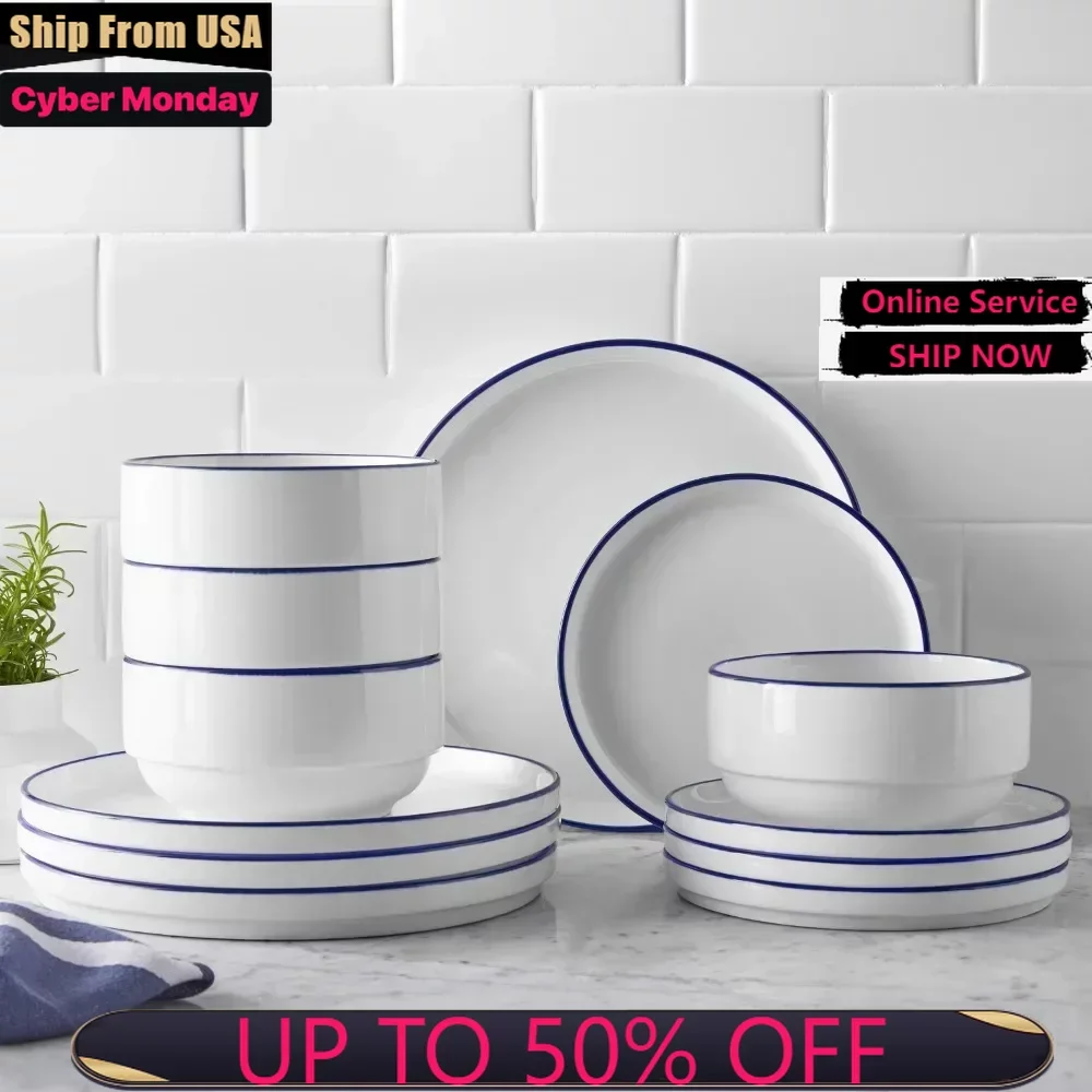 

12-Piece Plate Sets Blue Rim Stoneware Dinnerware Set
