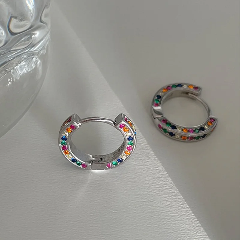 

Minar Personality Rainbow Rhinestones Hoop Earrings for Women Silver Color Metal Hollow Circle Chunky Statement Earring Brincos