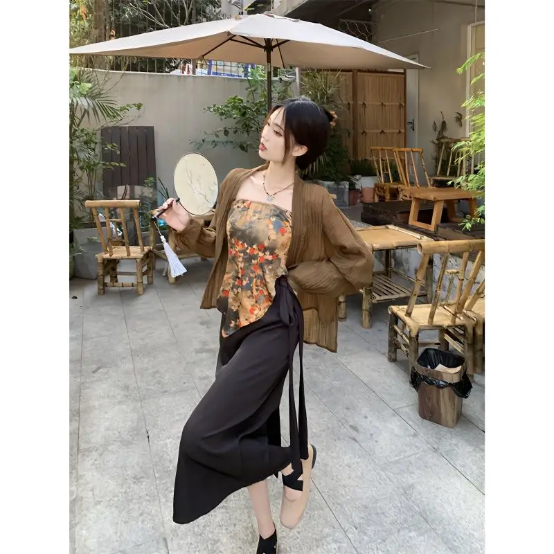 Женский летний костюм-тройка в стиле ретро Свободный кардиган топ с принтом на