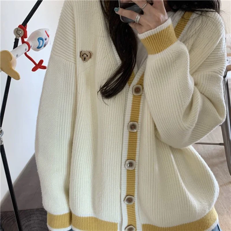 

Kawaii Harajuku Embroidery Cartoon Lovely Cute Korean Style Fashion H Sweater Coat Girl Chic V-neck Women Cardigan Sweet Beige