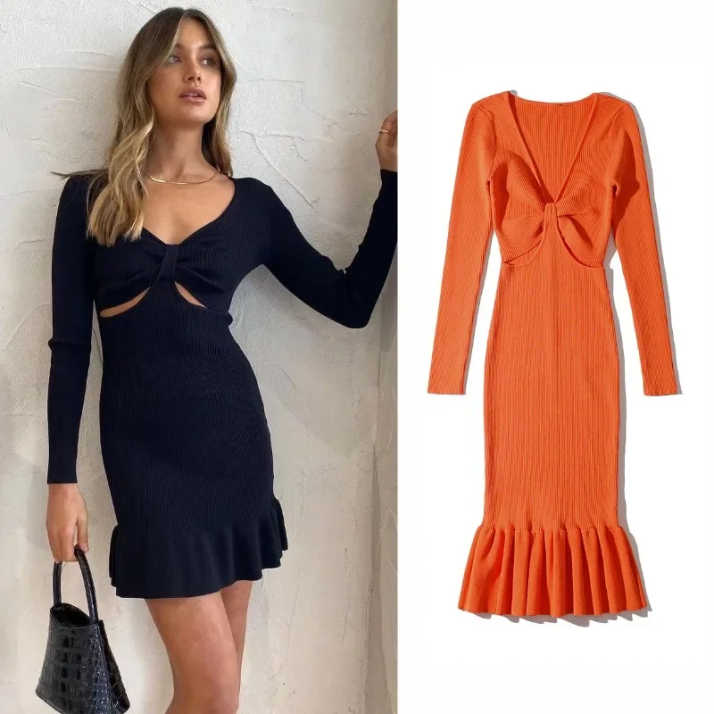 

European and American Style New Style American Hot Girl Solid Color Slim Sexy Deep V Kink Hollow Design Knitted Dress