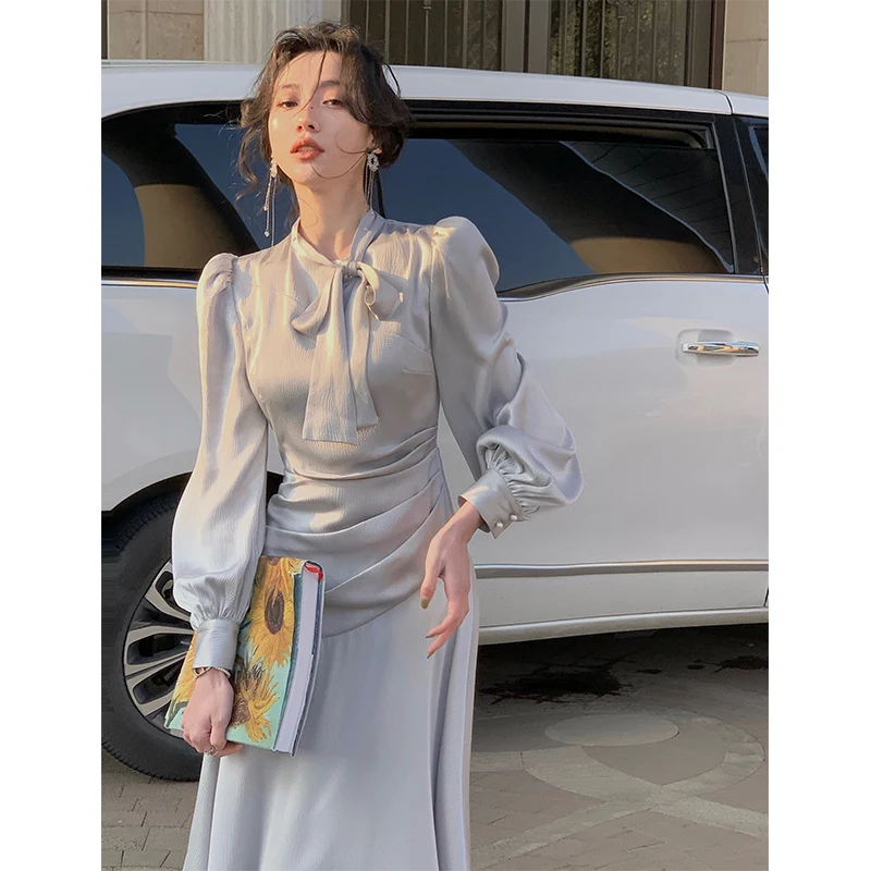 Elegant Hepburn Stain Women Dresses 2023 Spring Korean Fashion Chic Bowtie Long Sleeve Vestidos Folded Design Prom A Line Dress