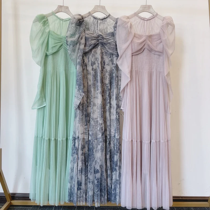 

Элегантное Длинное Платье с пышными рукавами, новинка 2022, милые плиссированные платья, весеннее винтажное шикарное привлекательное газово...