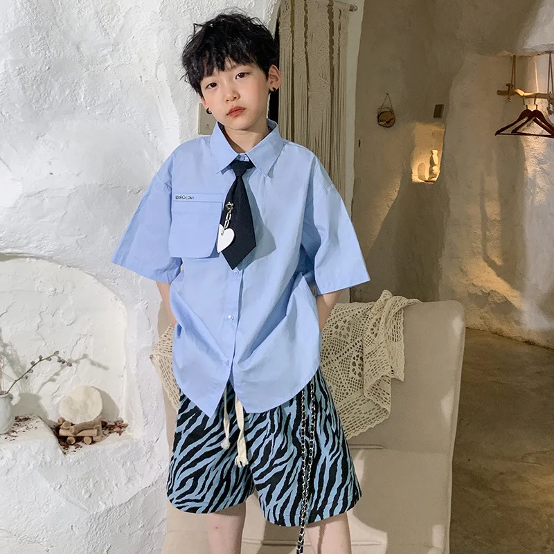 

Summer Boys Clothing Set College Style Shirt Short Sleeve Two Piece Trendy Costumes for Kids Blue Fashion Designer Teen Outfits
