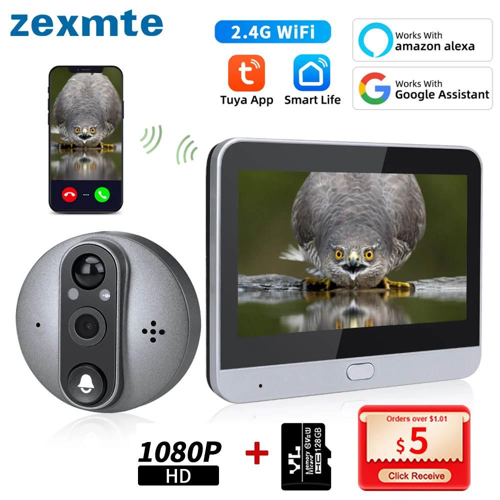 

Zexmte 4.3Inch Tuya WiFi Doorbell Camera Smart Home 1080P Video Door Bell Eye Peephole Night PIR Motion Alexa Google Door Viewer