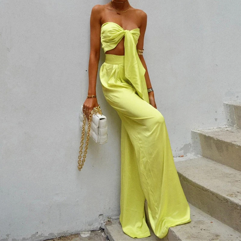 

Tracksuit 2022 Summer Fitness Club Skinny Women 2 Pieces Sets Sexy Bow-knot Crop Top Long Pants Set Yellow Femme Outfit G1112