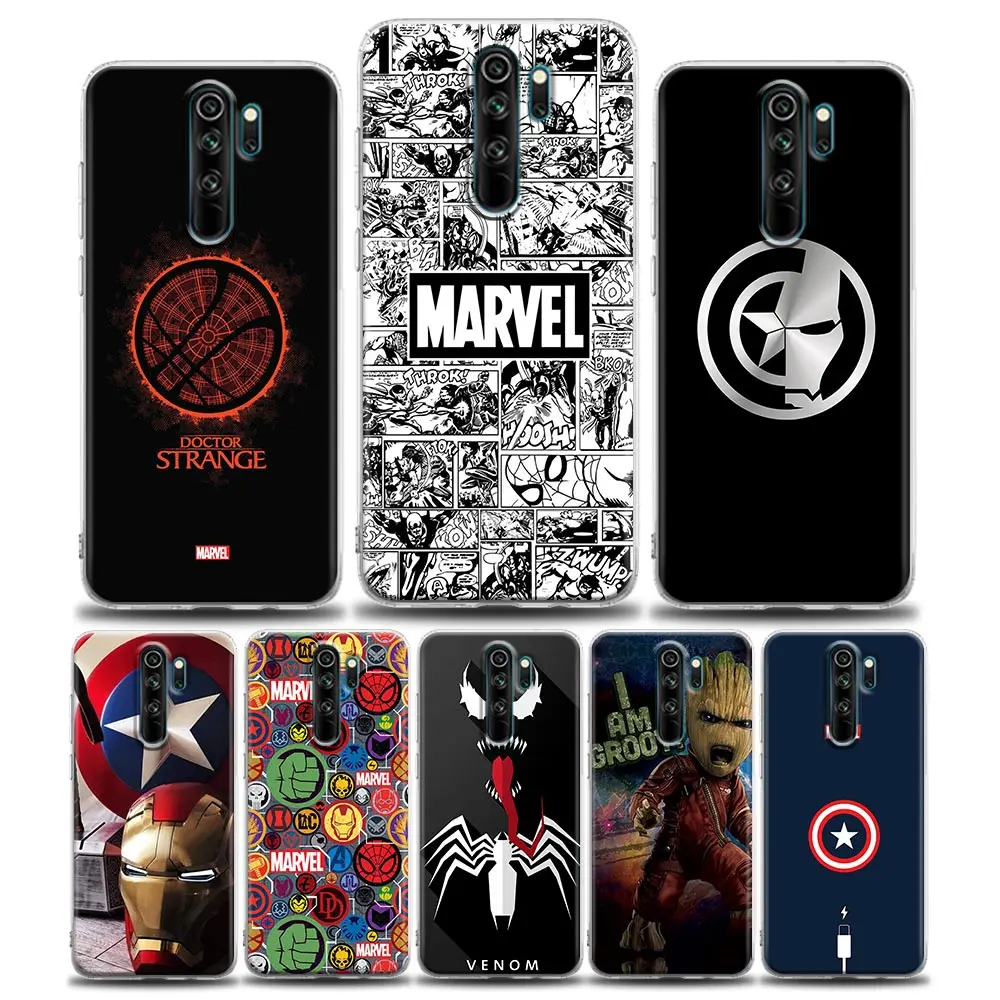 

Clear Phone Case for Redmi 8 8A 7 9 9C Y3 K20 K30 K40 Note 7 8 9 10 8T Pro Case Soft Silicone Cover Marvel HERO Logo