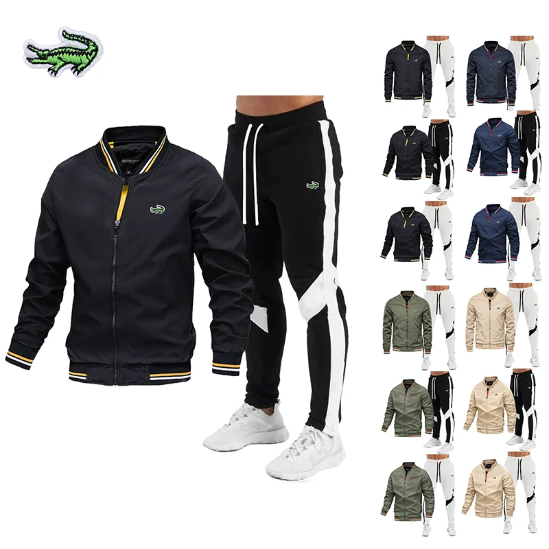 

High Quality Jacket Suit New Spring Autumn Men's Casual Suit Splicing Trousers Bomber Stand Collar Windbreaker Coat Sets