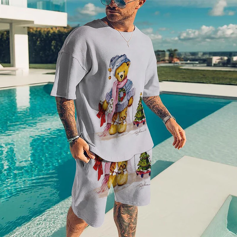 Summer men's casual street beach shorts set 3D printing colorful Christmas bear round neck street home short sleeve two-piece se