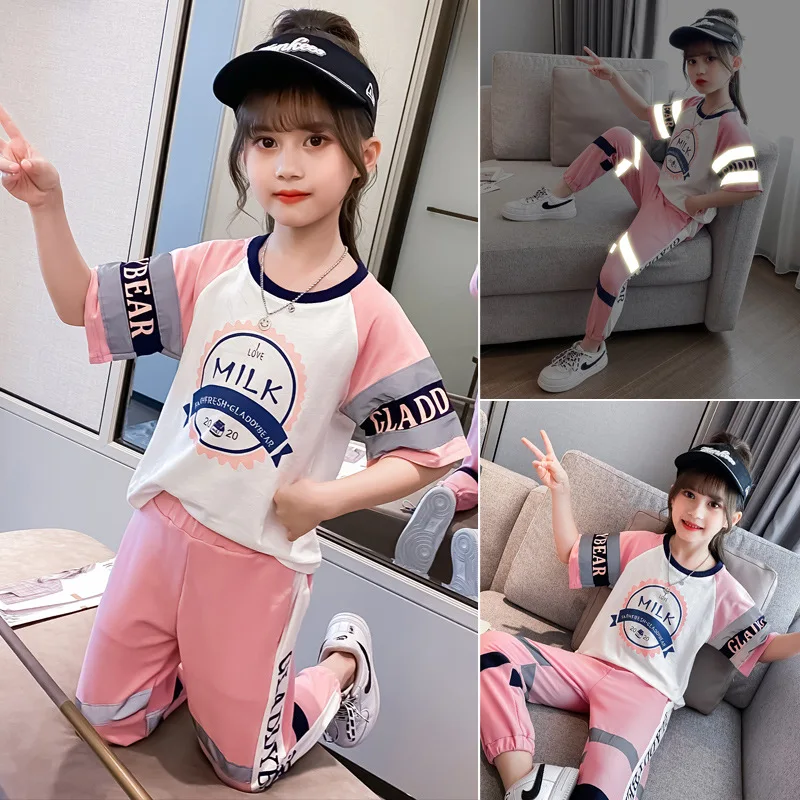 

Teenage Girls Boy Clothes Set Summer Patchwork Tshirt + Short Pants Suit Teen Kids Girls Clothes Fun Run Reflective Costumes