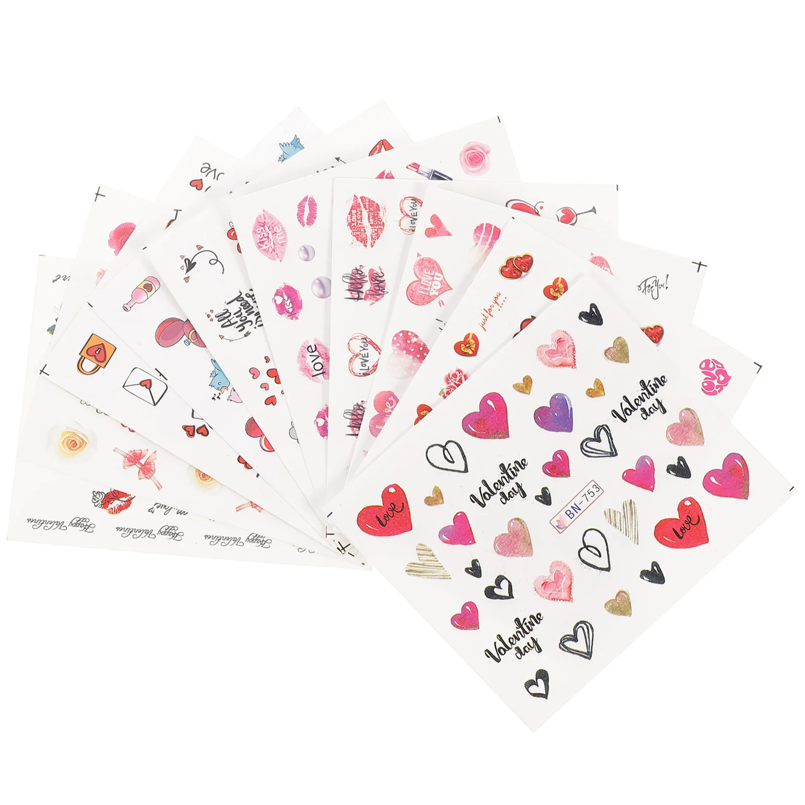 

Valentines Day Nail Stickers, 10 Sheets 3D Self Adhesive Fingernails Decals Lips Kiss Love Nail for