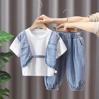 boys clothes set cotton short sleeve denim thin anti mosquito pants set baby summer holiday two pieces childrens casual jeans
