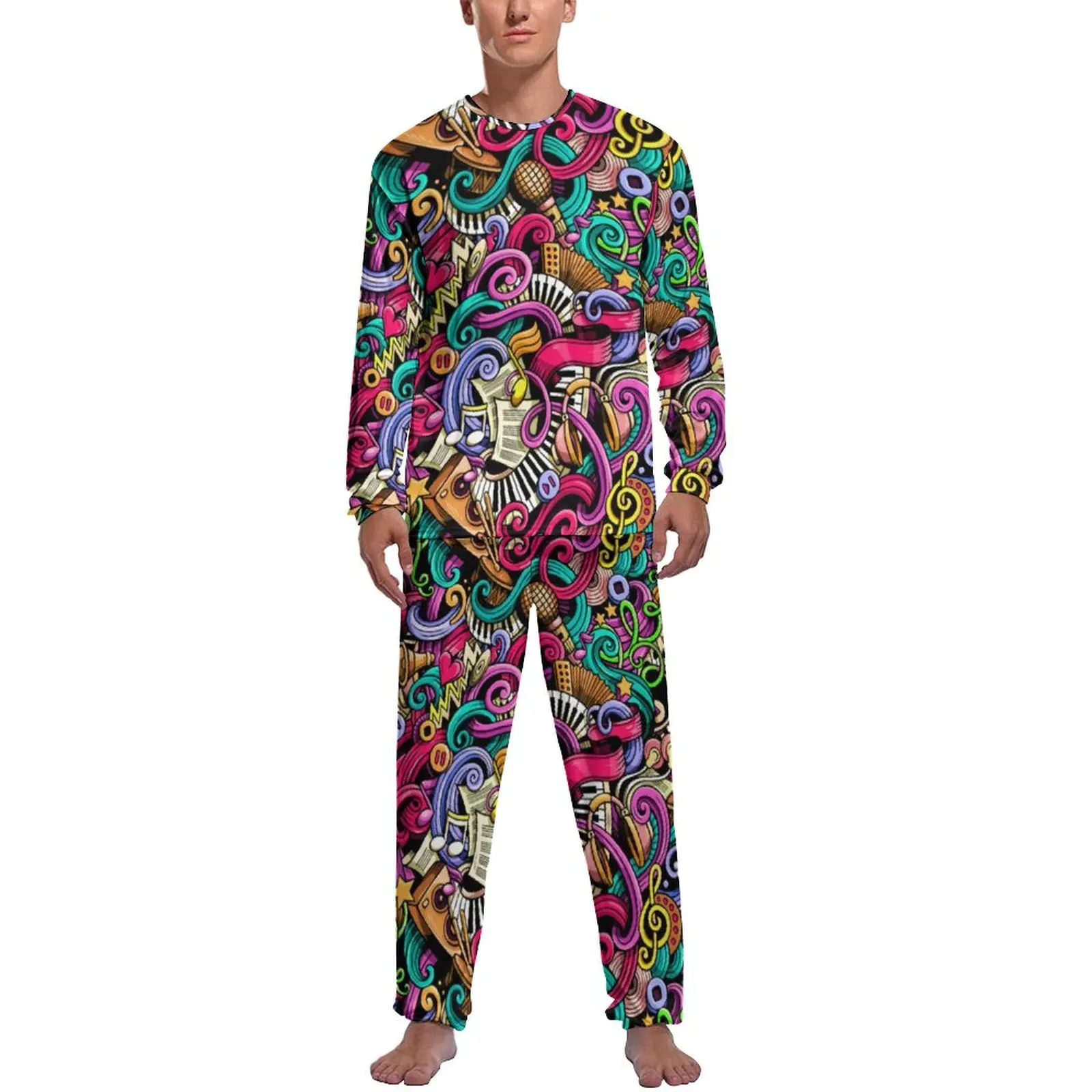 

Pop Art Print Pajamas Male Your Own Music Kawaii Nightwear Daily Long Sleeve 2 Piece Home Pattern Pajamas Set