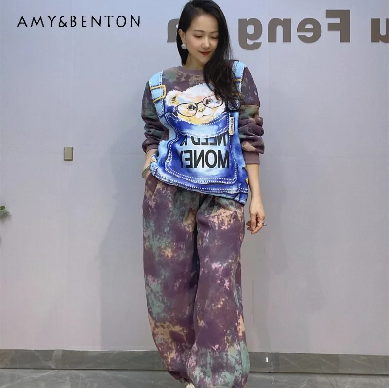 2024 зимняя флисовая утолщенная толстовка с круглым вырезом наряды принтом тай-дай