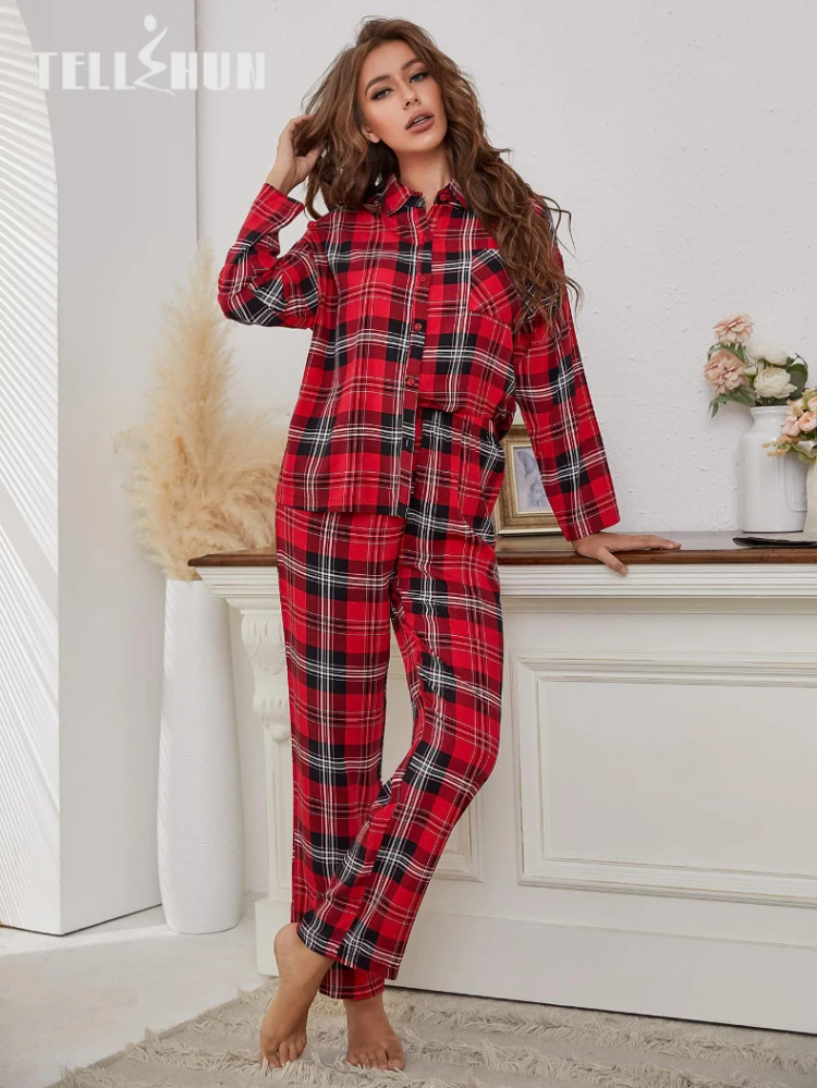 

Женская красная клетчатая Пижама, одежда для сна из 2 предметов, топы и брюки, осенне-зимняя Пижама, домашняя одежда, одежда с передней пугови...