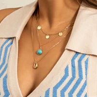 bohemian turquoise shell pendants necklace set for women beach holiday sequins tassel multi layer chains female choker jewelry