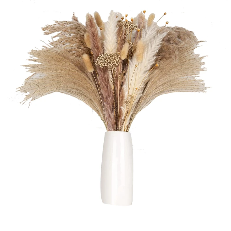 

Pampas Grass, 100 Pcs Dried Pampas Grass Decor Tall 17 Inch,Natural Brown & White Pampas Grass Bunny Tails Dried Flowers
