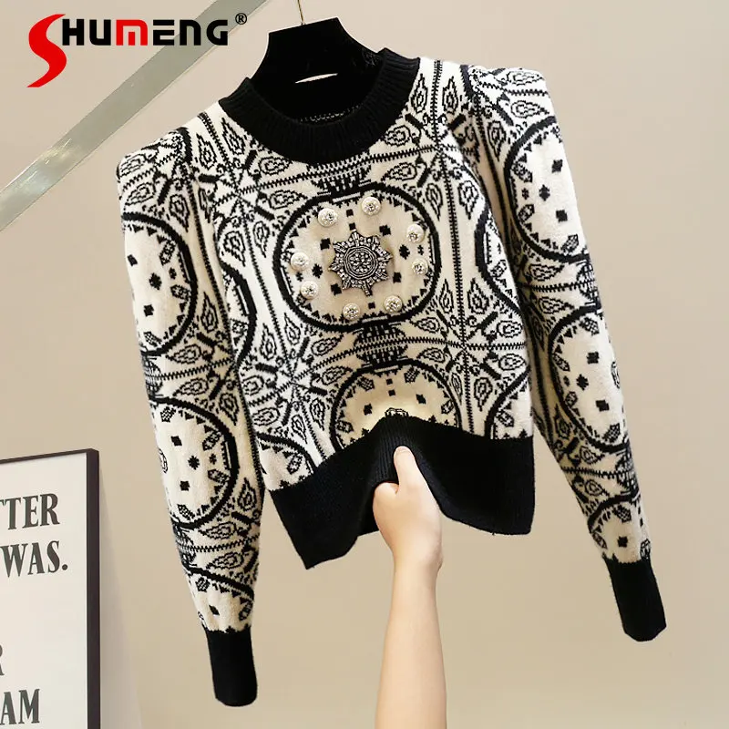 

Ethnic Style Beaded Diamond Pullover Long-Sleeved Sweater 2023 Spring New Women's Fashion Retro Casual Pullover Knitted Top