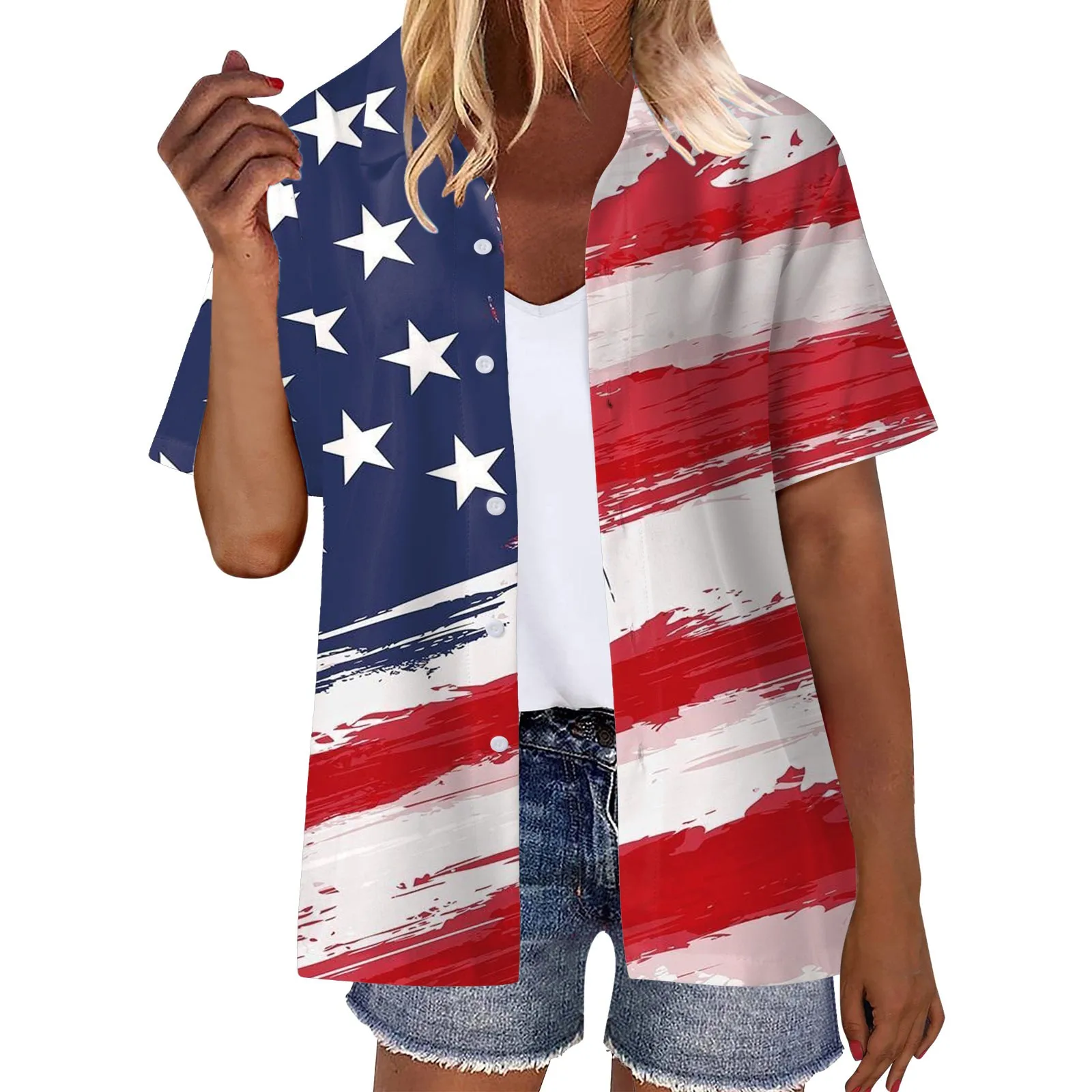 

American Flag Blouses Women Summer 4th Of July Button Pullover Tops Independence Day Boho Short Sleeve Beach Blusas Mujer