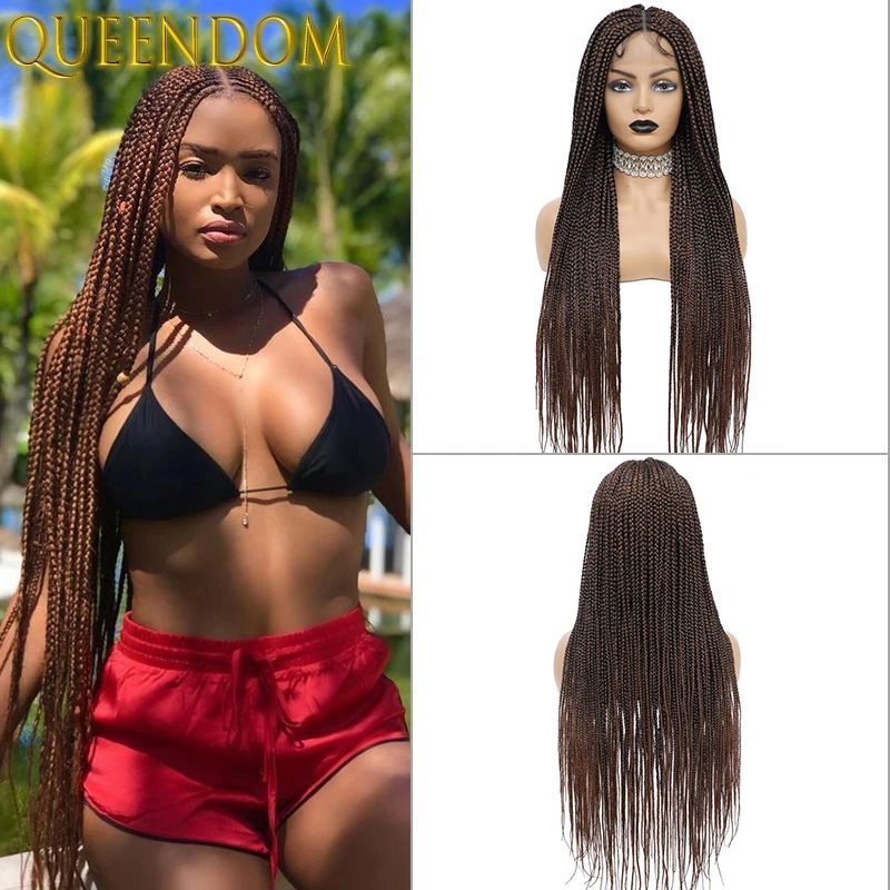 Ombre Brown Full Lace Braided Wig with Baby Hairs 36 Inch Knotless Box Braids Lace Front Wigs Long Synthetic Braided Frontal Wig
