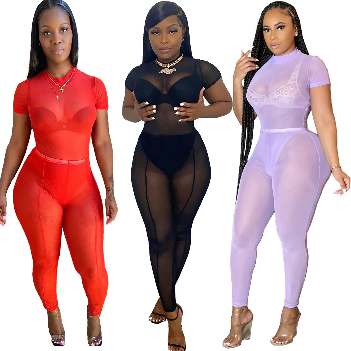 

Sexy Sheer Mesh Women Two Pieces 2022 Summer Hot Sale Short Sleeves T Shirt Nightclub Party Pants Set Skinny Outfits