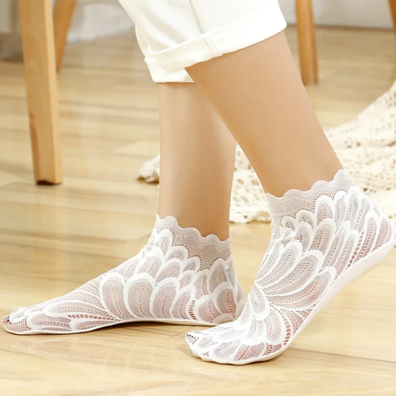 5Pairs Women Lace Flower Mesh Socks Non-slip Invisible Liner Sock Female Elastic Comfy Thin Transparent Breathable Ankle Socks