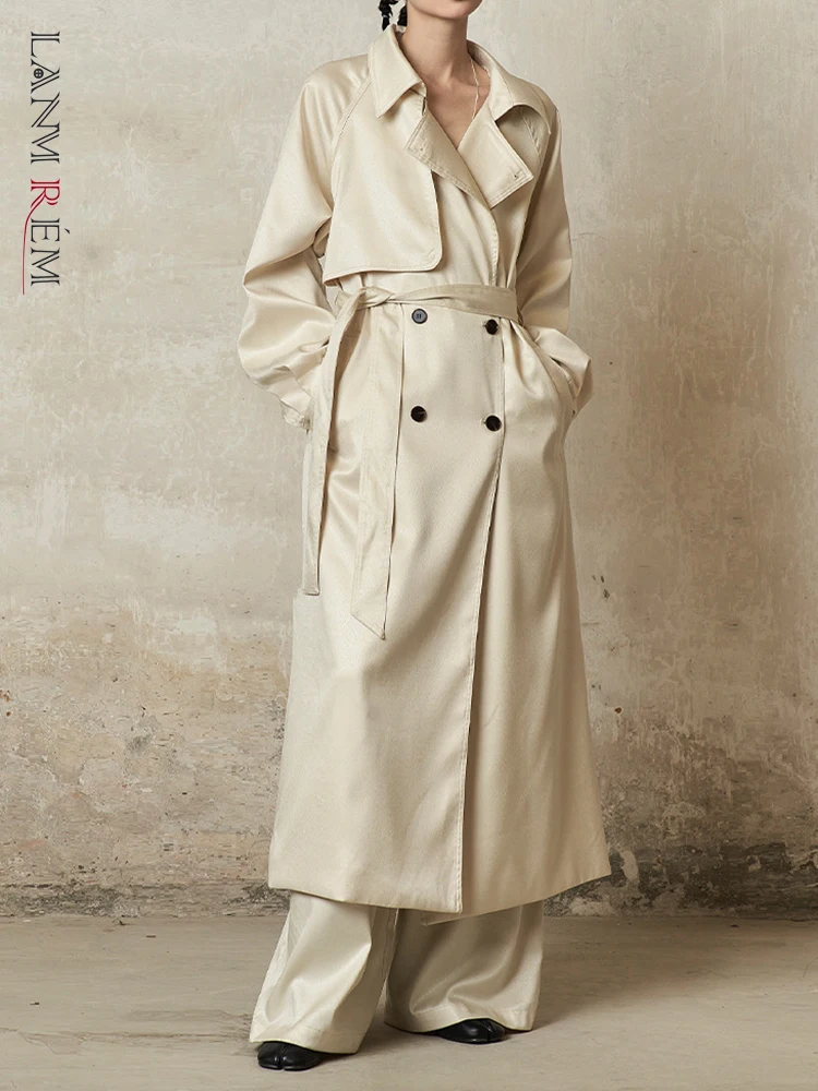 

[LANMREM] Minimalism Lace-up Trench For Women Solid Lapel Double Breasted Long Sleeve Office Lady Windbreak 2023 Autumn New 26D6