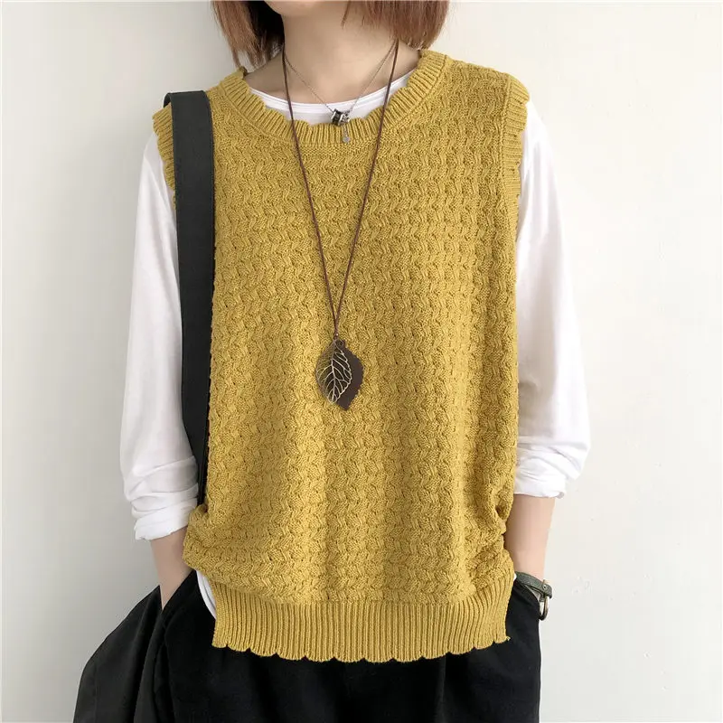 Женский однотонный вязаный жилет без рукавов, с круглым вырезом