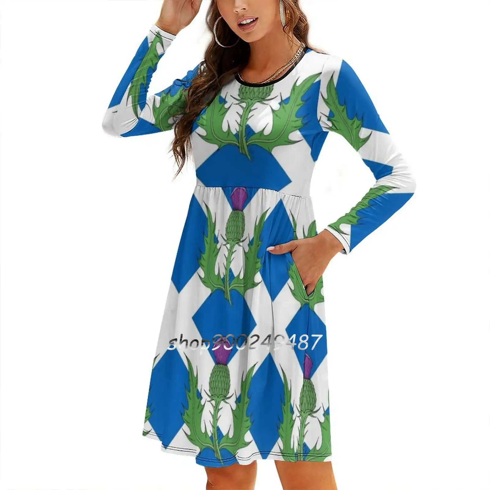 Scottish Thistle &amp Saltire Women Casual High Waist Mini Dress Short and Long Sleeve Dresses Fashion