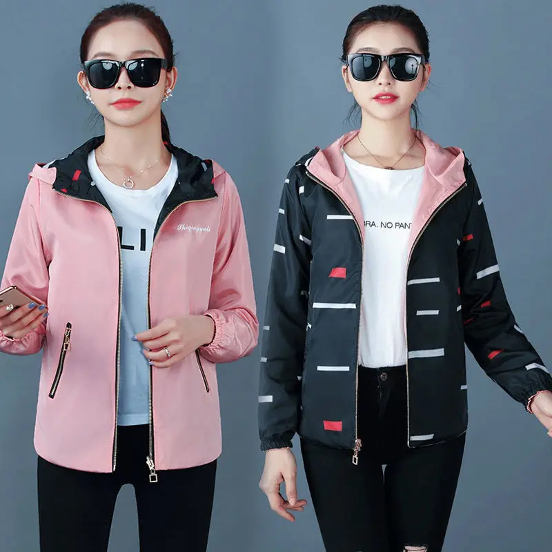 

Women Jackets Spring Autumn Hooded Jacket Double Side Wear Coats and Jackets Women Print Plus Size Women Jacket Students Wear