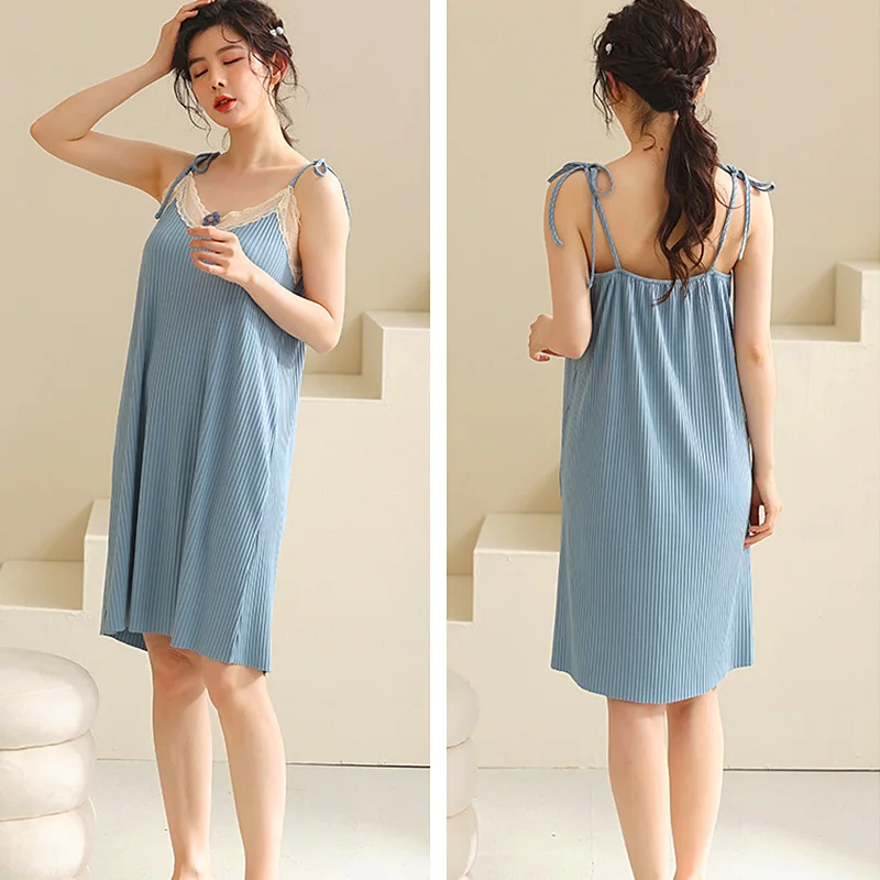 Women Summer Flower Decor V-Neck Lace Stitching Spaghetti Strap Ice Silk Nightgown Sling Night Dress Nightdress Sexy Lingerie