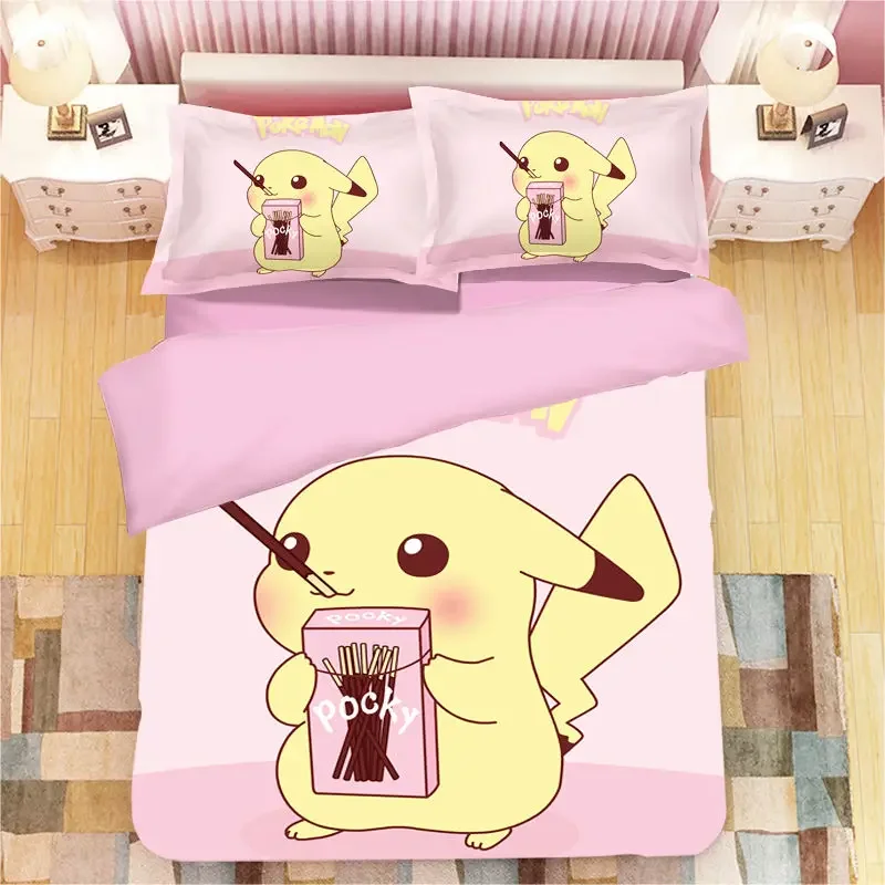 

Pikachu anime cute cartoon four-piece double bed set comfortable warm and skin-friendly thickened bedding sheets quilt cover