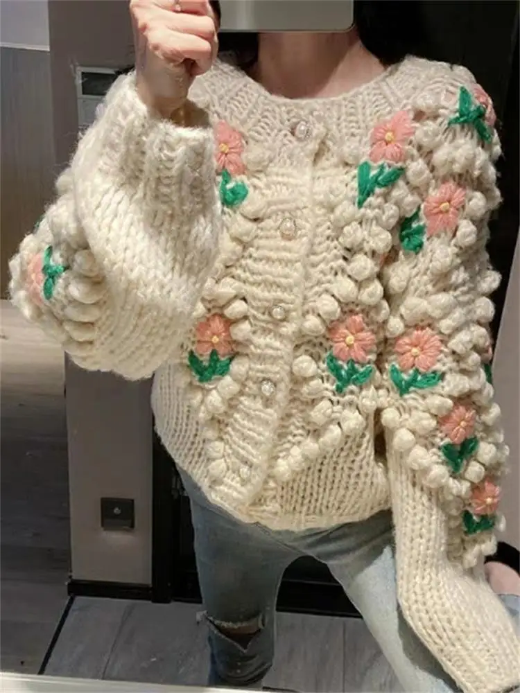 

H.SA 2022 New Women Winter Handmade Sweater And Cardigans Floral Embroidery Hollow Out Chic Knit Jacket Pearl Beading Cardigans