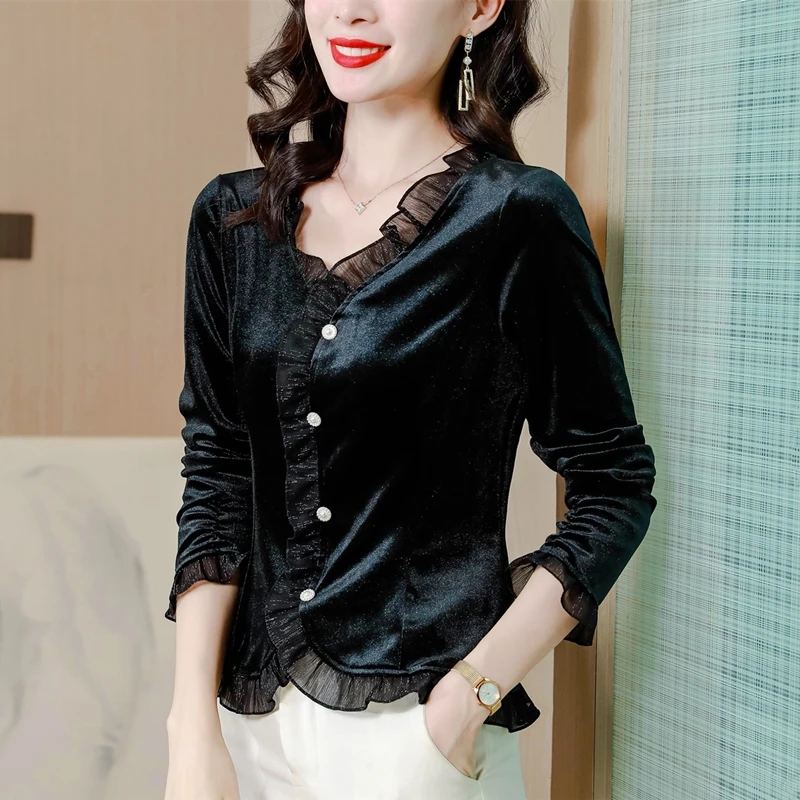 

Stitching Korean Edition Temperament V-Neck Single-Breasted Autumn New Comfortable Petal Long Sleeves Solid Color Fashion Shirt