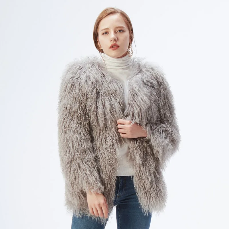 Women's Mongolia Lamb Fur Coat Tibet Sheep Fur Overcoat Lady Short Warm Sheep Skin Jacket Sheep Fur Real Fur Mid-length Outwear