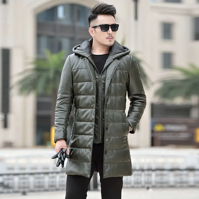 Men's Jacket Parkas Men's Winter Jackets Men's Cold Jacket Long Coat Leather Coat Medium Length Hooded Leather Down Jacket