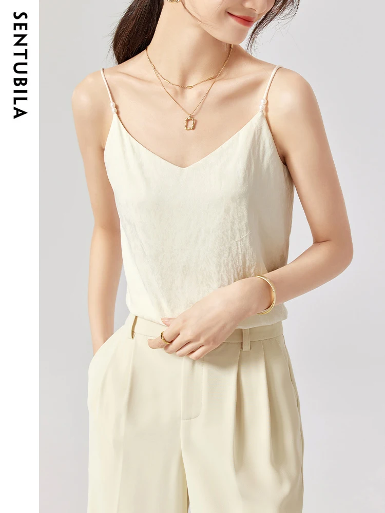 

Sentubila Sleeveless Spaghetti Strap Camisole for Women 2023 Summer Fashion Solid Sexy V-Neck Straight Blouses Female Clothing