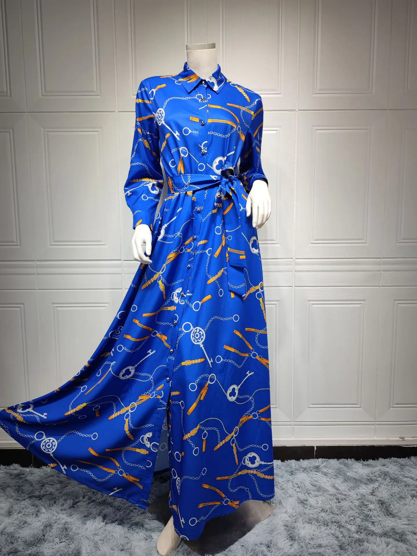 Muslim Hijab Shirt Dress Dubai Abayas for Women Chain Print Long Sleeve Button Islam Casual Turkey Arabic Abaya Jalabiya Kaftan