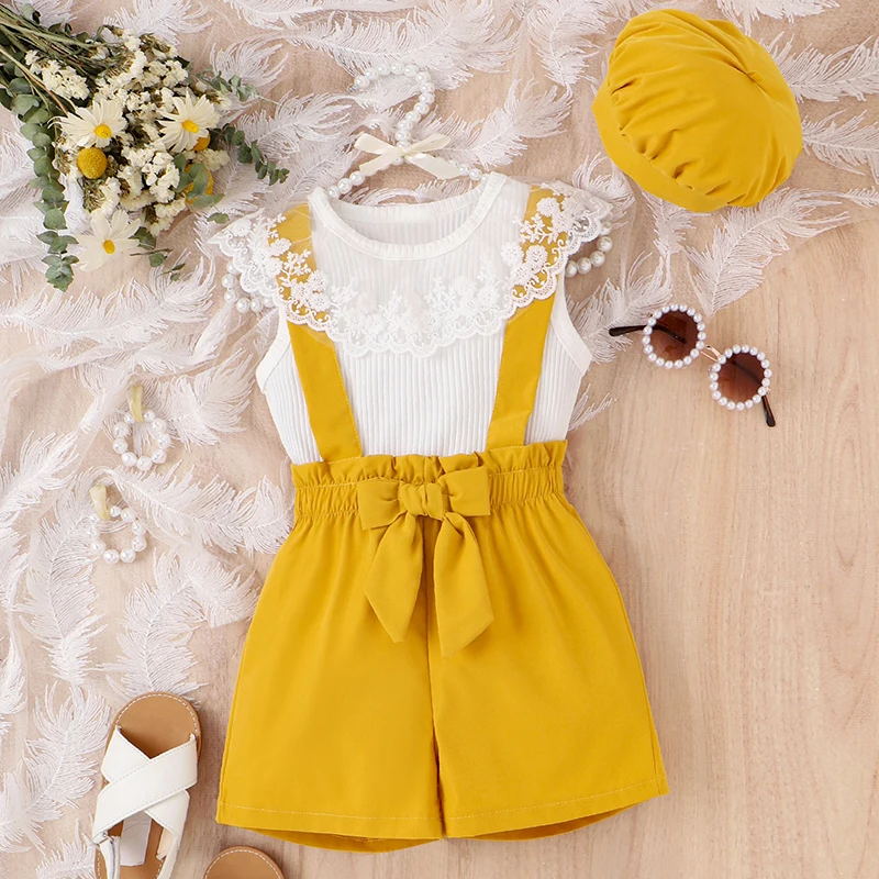 

Kids Girls Summer Outfits Lace Ruffles Rib Knit Crew Neck Sleeveless Tank Tops+Suspender Shorts+Beret Cap Suit 3Pcs Clothes Set