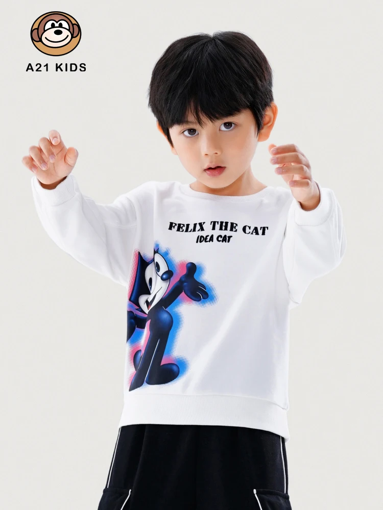 

A21 Boys Clothes Knitted Loose Round Neck Long-sleeved T-shirt 2022 Autumn New Fashion Cartoon Letter Printing Bottoming Top