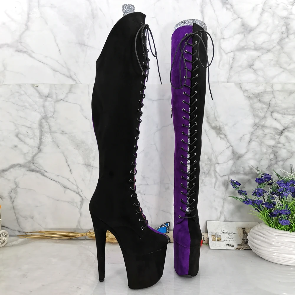 Leecabe Black with Purple 20CM/8inch Pole dancing High Heel platform Boots with lace and zipper
