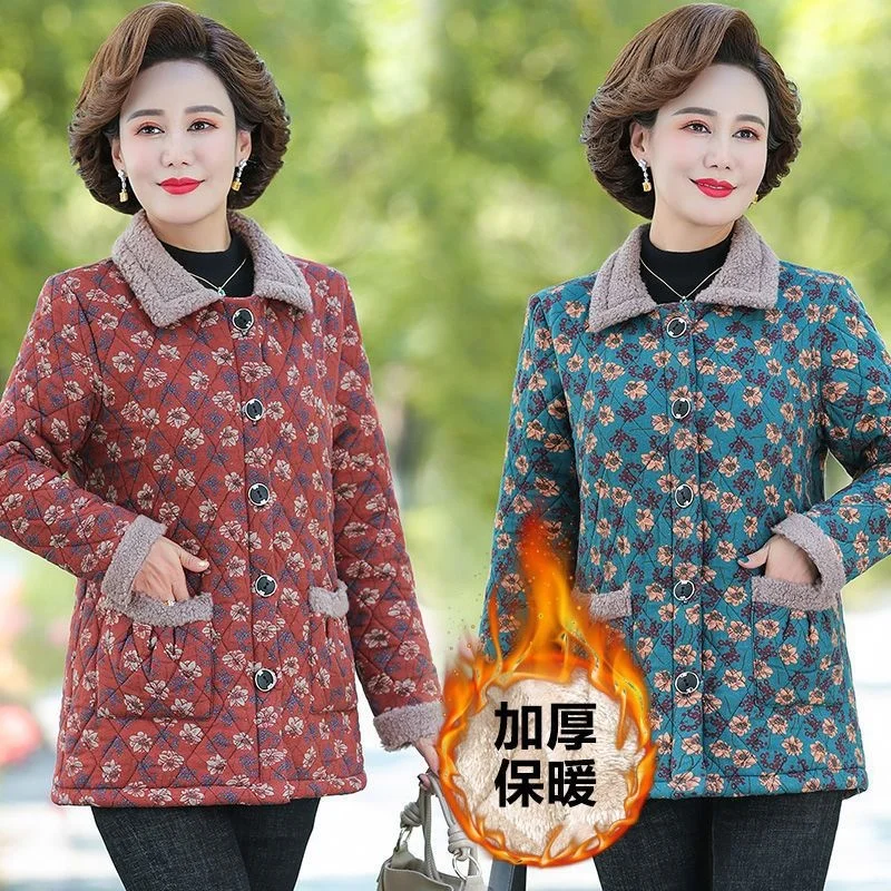 Fleece warm floral cotton jacket short coat for middle-aged female mother in winter