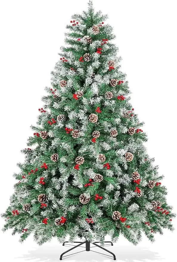 

6ft Christmas Tree Pre-Decorated Artificial Holiday Xmas Trees Hinged w/ 800 Snow Flocked Branch Tips, 58 Real Pine Cones,