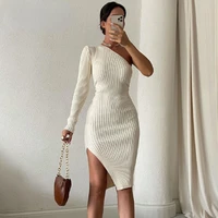 2022 sexy women bodycon streetwear knee length split dress office lady elegant one shoulder tight ribbed knit white dress