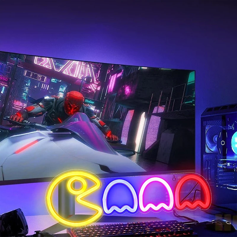 

Светодиодная неоновая вывеска Ghost в стиле ретро, аркадный декор для игровой комнаты, с выключателем и питанием от USB, неоновые огни для игровой зоны, мужской пещеры, на день рождения и Рождество