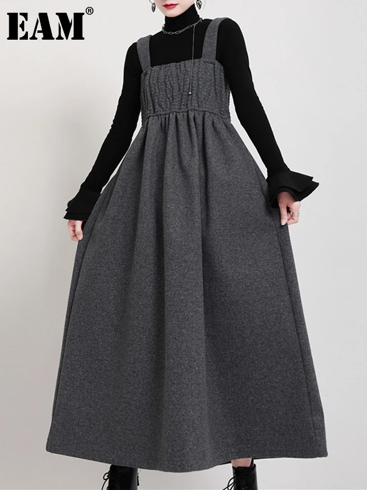 

[EAM] Women Pleated Elastic Long Woolen Dress New Square Collar Sleeveless Loose Fit Fashion Tide Autumn Winter 2022 1DD2151
