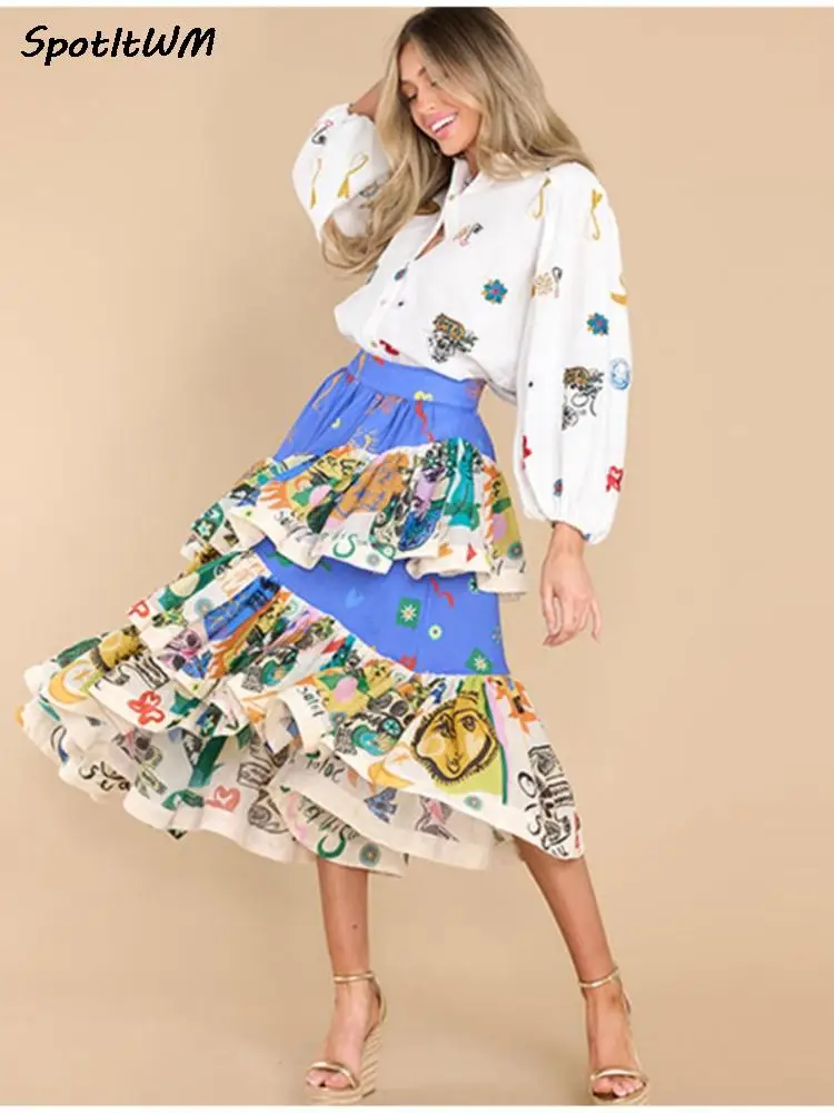 

Colorful Print Irregular Ruffle Hem Skirt Women Pleated Elastic High Waist Loose Skirts Female Summer Beach Casual A-line Skirt