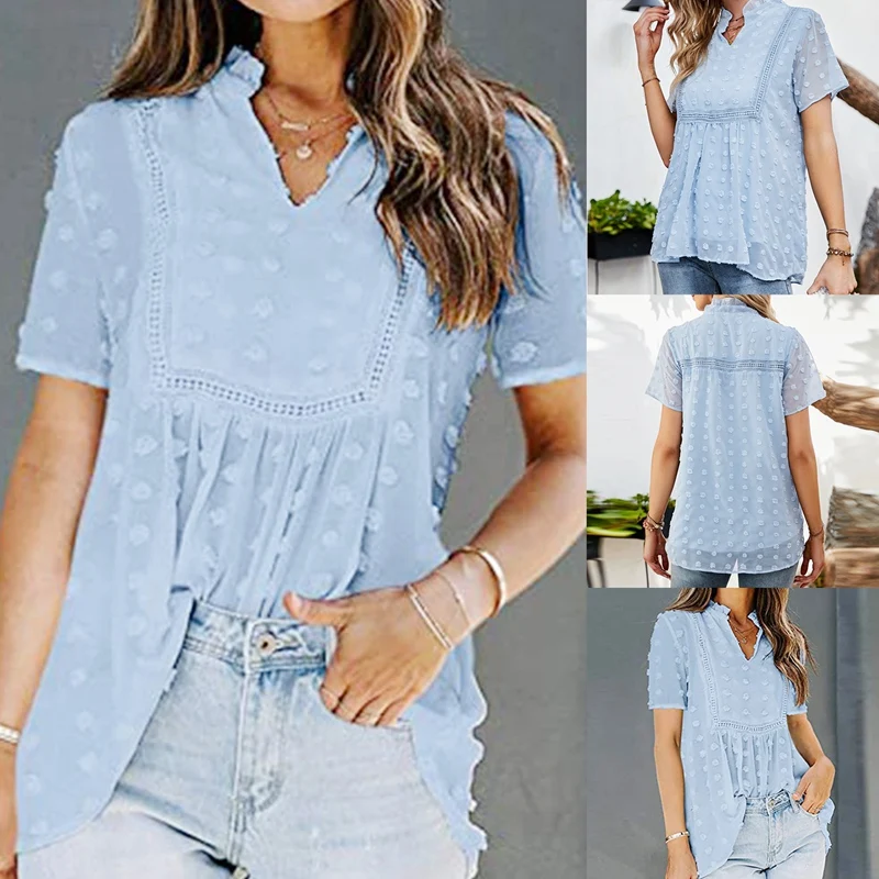 

Women's New Chiffon Plus Lining Stitching Lace V-Neck Shirt Blue