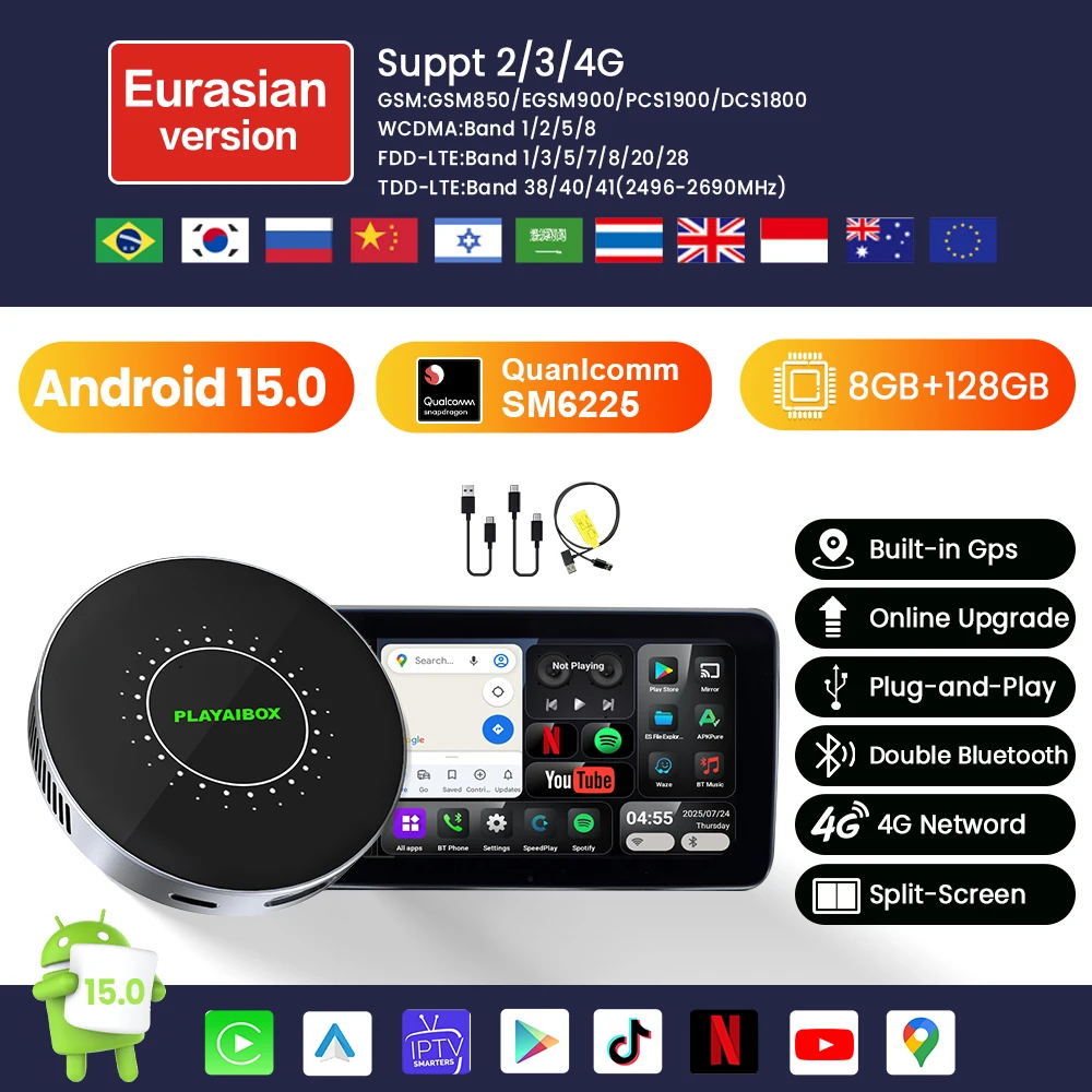 

Автомобильный AI Box Android 15, беспроводной адаптер Carplay Android Auto для Netflix, YouTube, автомобильные интеллектуальные системы для Toyota Mazda Hyundai